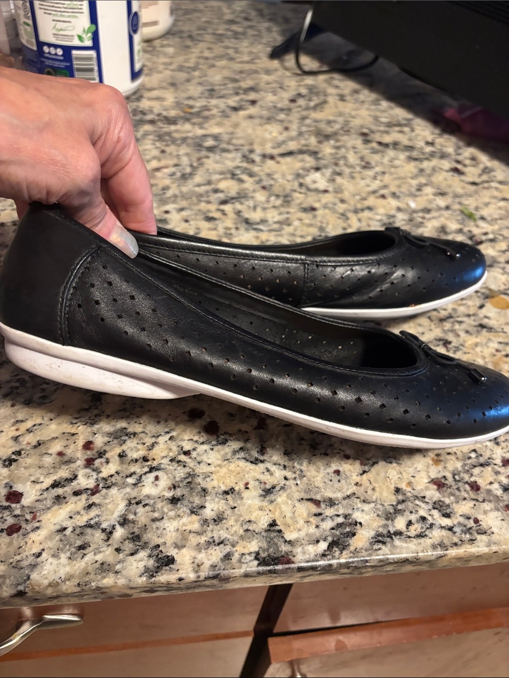 Clarks Black Perforated Ballet Flats with Bow Accent
